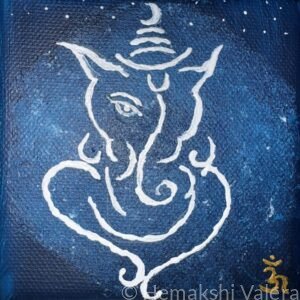 Small square acrylic painting of Ganesha in white line art on a deep blue starry night sky background with a crescent moon above and gold Om symbol, by Australian artist Hemakshi Valera
