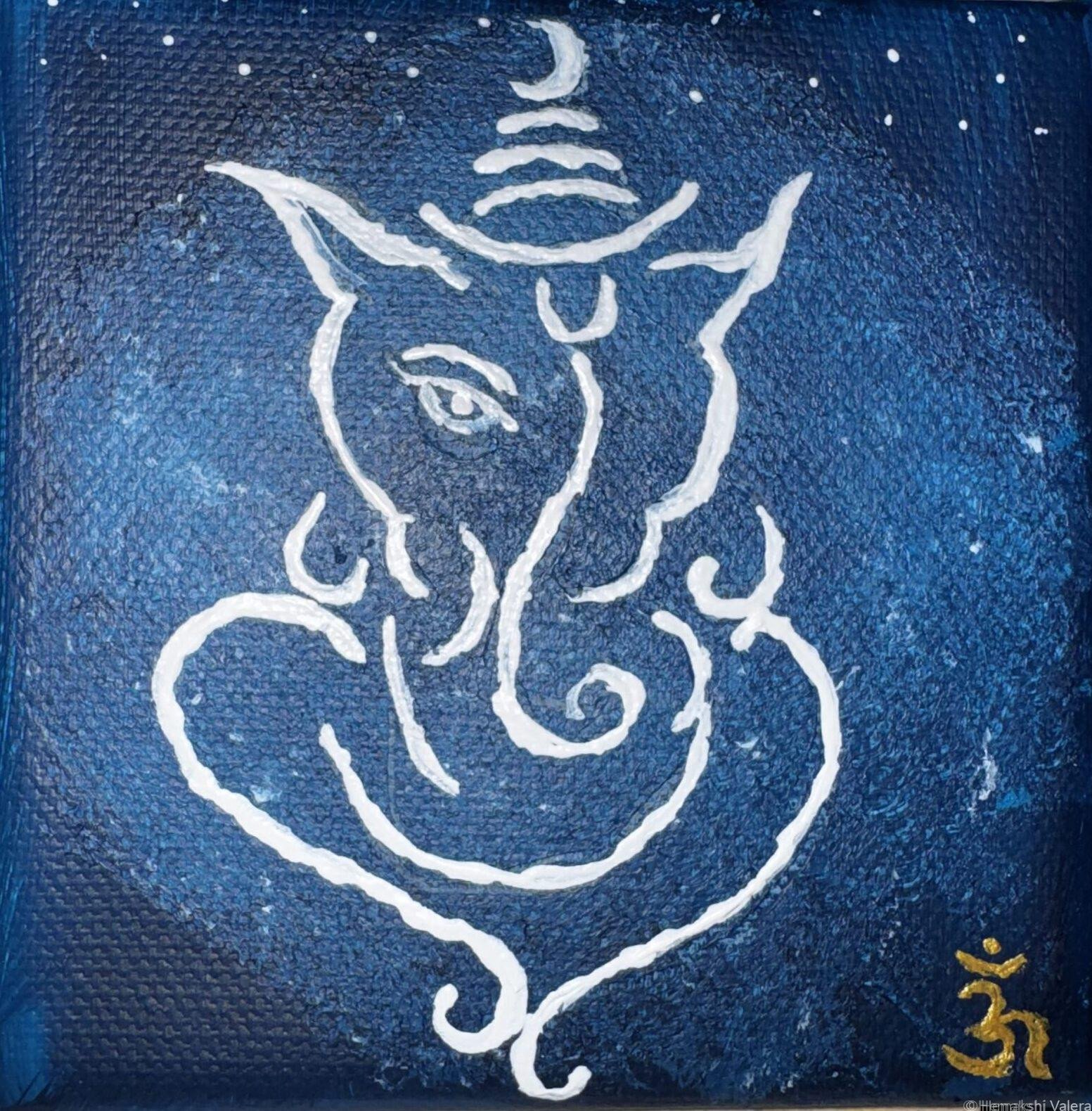 Small square acrylic painting of Ganesha in white line art on a deep blue starry night sky background with a crescent moon above and gold Om symbol, by Australian artist Hemakshi Valera