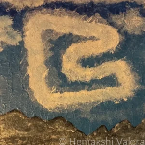 Acrylic painting showing the Red Bull Ring Formula 1 circuit layout in cream and gold cloud swirls above textured golden mountain silhouettes on a blue sky, by Australian artist Hemakshi Valera