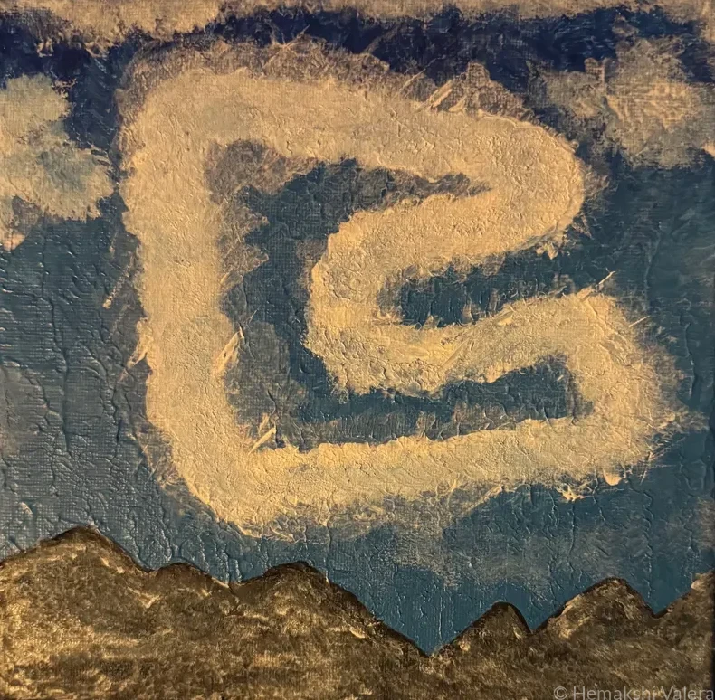 Acrylic painting showing the Red Bull Ring Formula 1 circuit layout in cream and gold cloud swirls above textured golden mountain silhouettes on a blue sky, by Australian artist Hemakshi Valera