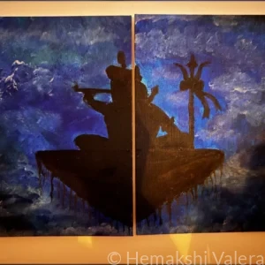 Abstract acrylic painting in deep contemplative tones exploring stillness beyond the current of daily life, by Australian artist Hemakshi Valera