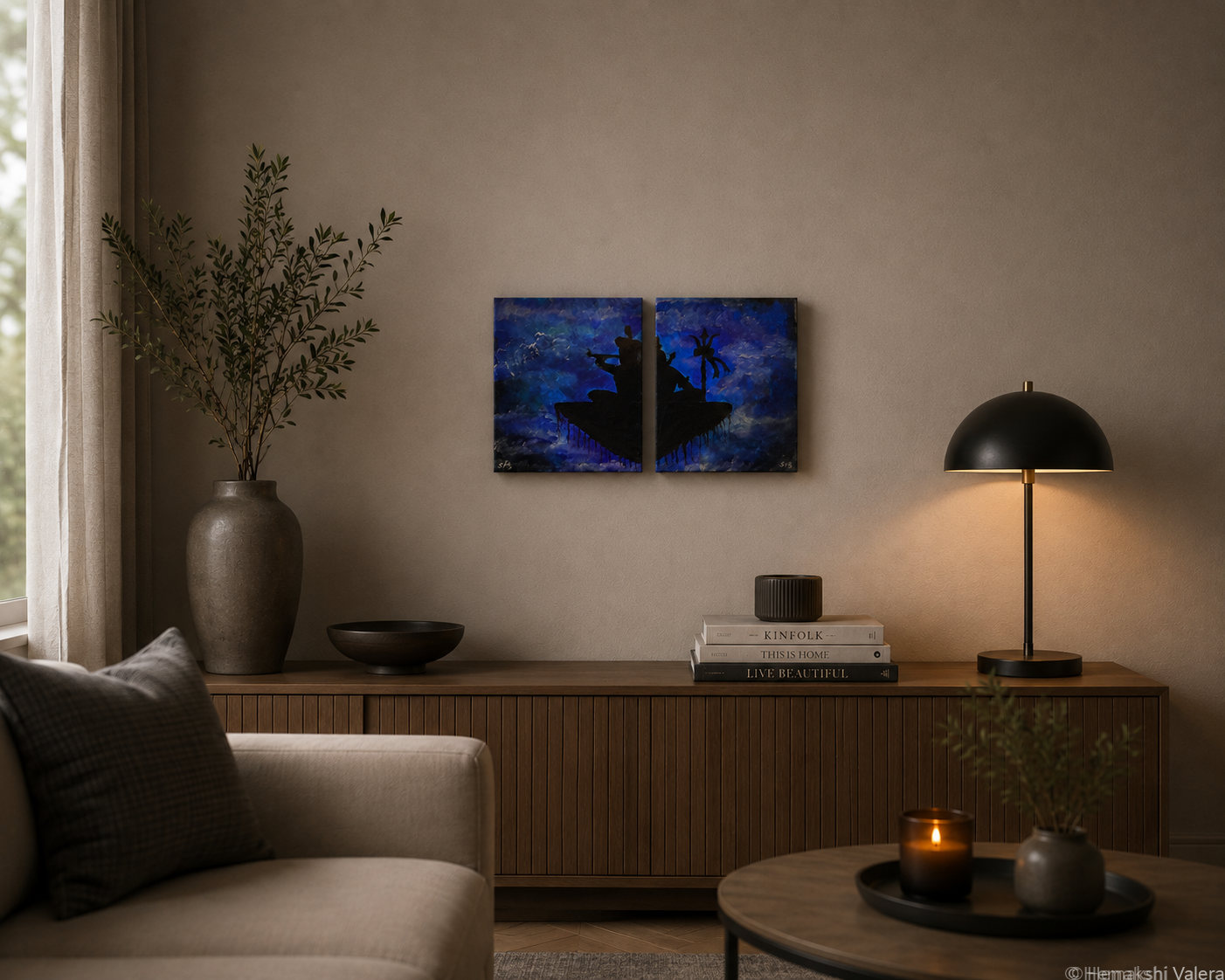 Beyond the Current, an original two-panel abstract diptych, hanging side by side above a sofa in a calm interior