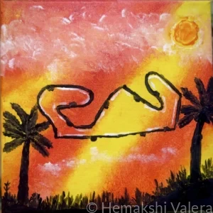 Acrylic painting showing the Circuit de Barcelona-Catalunya F1 track layout floating in an orange and red sunset sky with palm tree silhouettes and a glowing sun, by Australian artist Hemakshi Valera