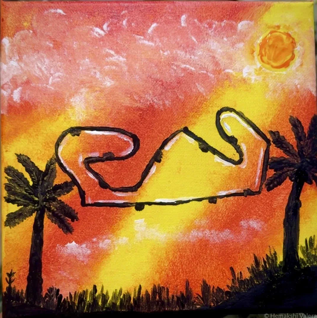 Acrylic painting showing the Circuit de Barcelona-Catalunya F1 track layout floating in an orange and red sunset sky with palm tree silhouettes and a glowing sun, by Australian artist Hemakshi Valera
