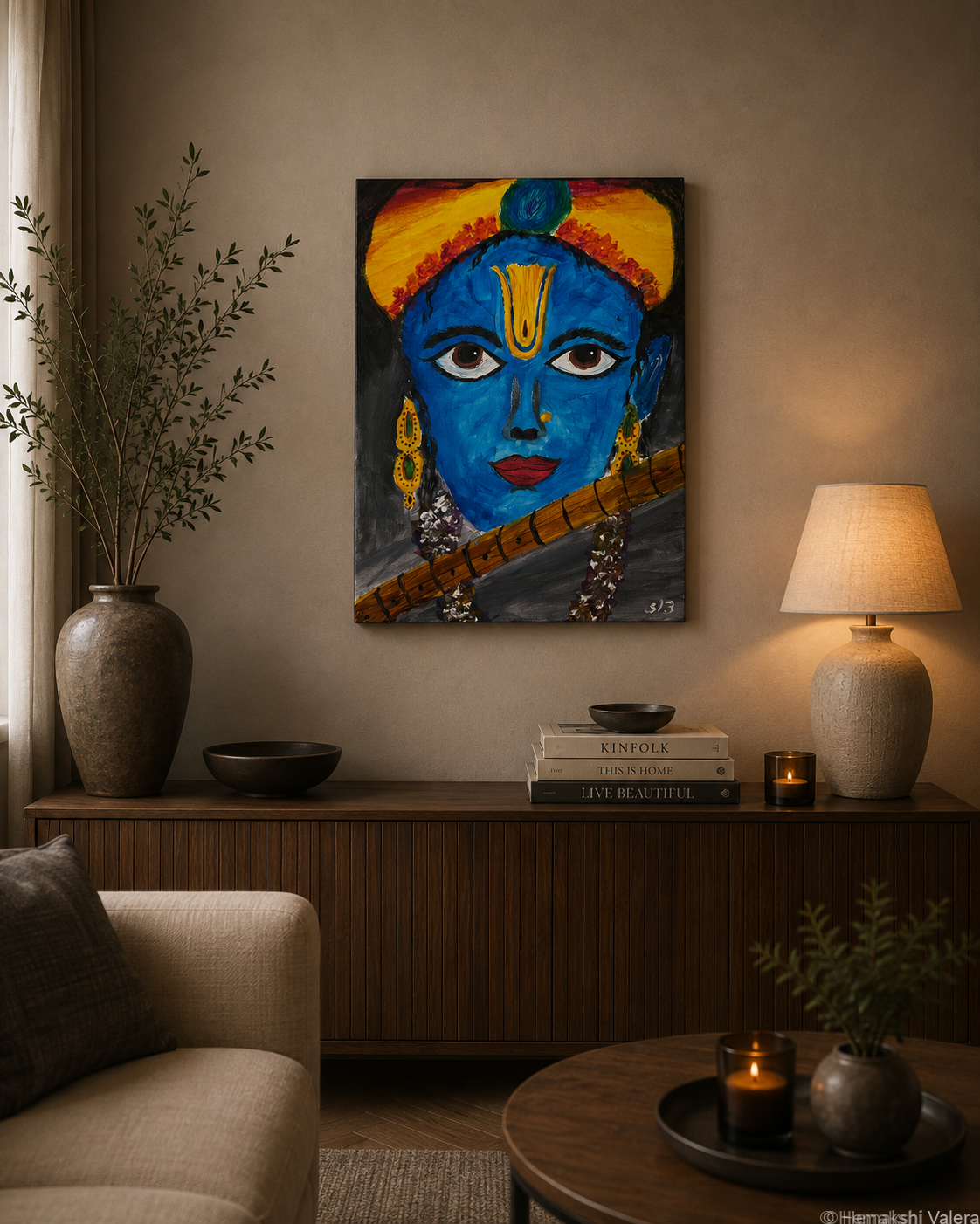 Divine Melody, an original devotional acrylic painting, hanging on a neutral wall in a warm interior