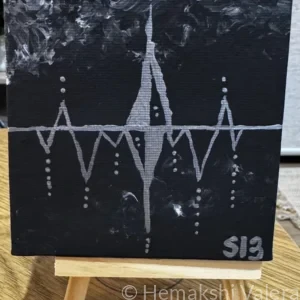 Small square abstract acrylic painting in dark tones with moving textural elements capturing the feeling of echoes in silence, by Australian artist Hemakshi Valera