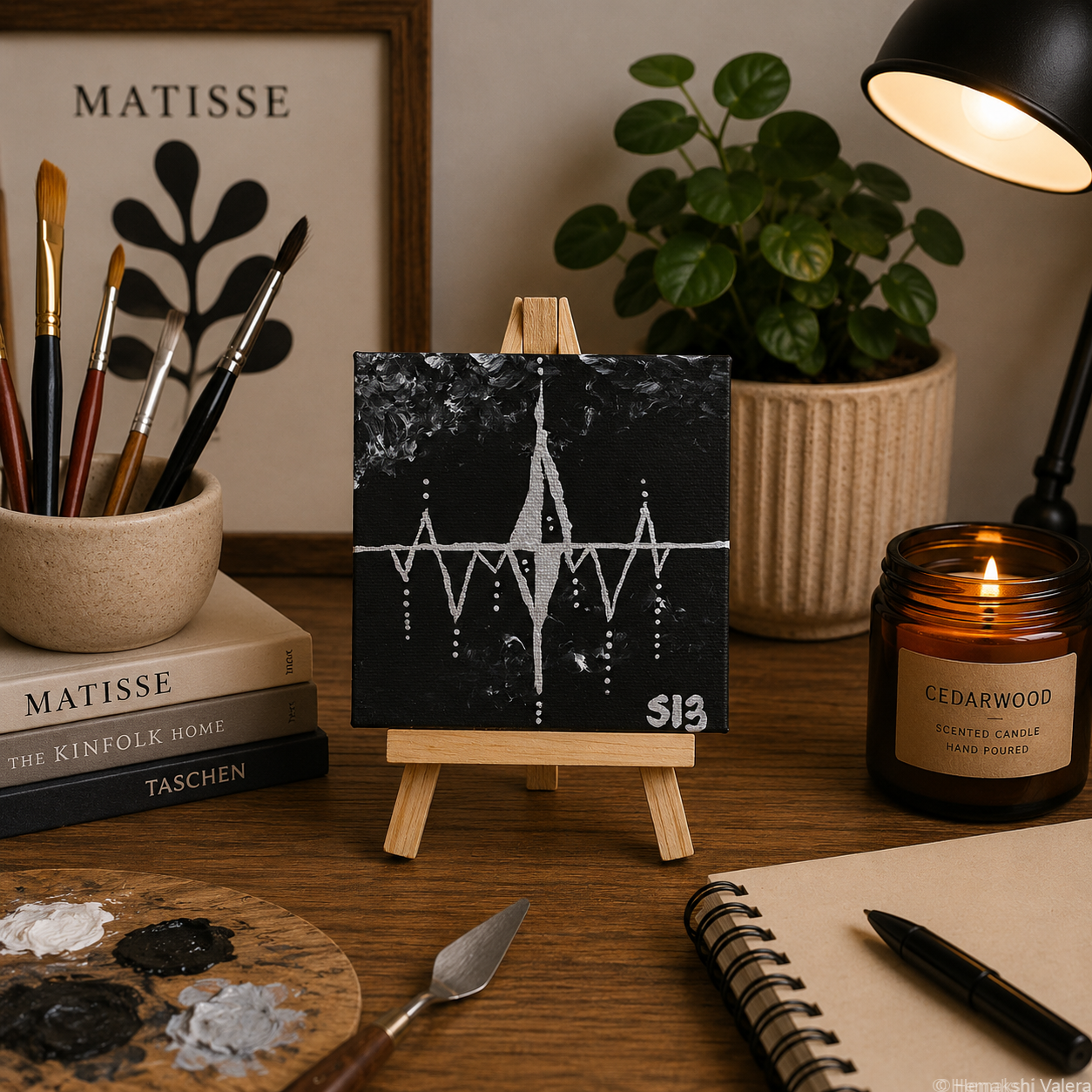 Echoes in the Dark, an original dark mini soundwave canvas on a small wooden stand, displayed on a shelf