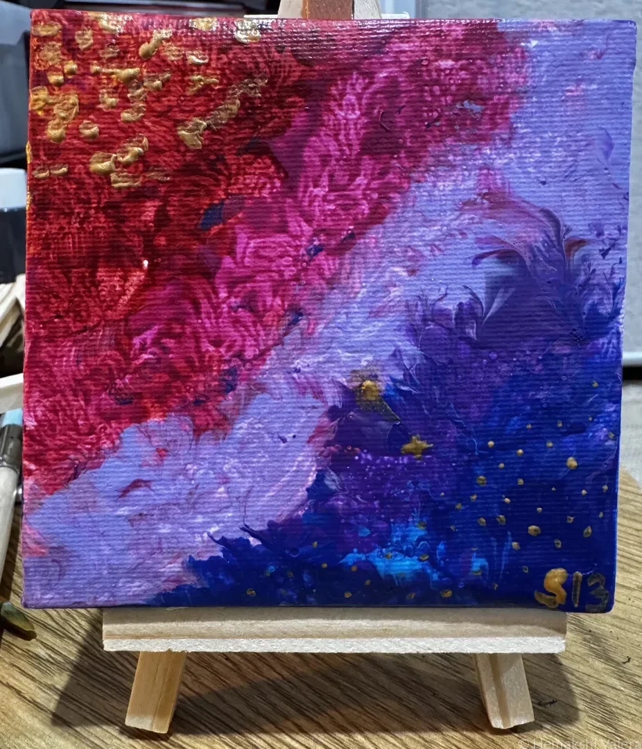 Small square abstract acrylic painting in soft luminous tones capturing the weightless feeling of being lifted by music, by Australian artist Hemakshi Valera