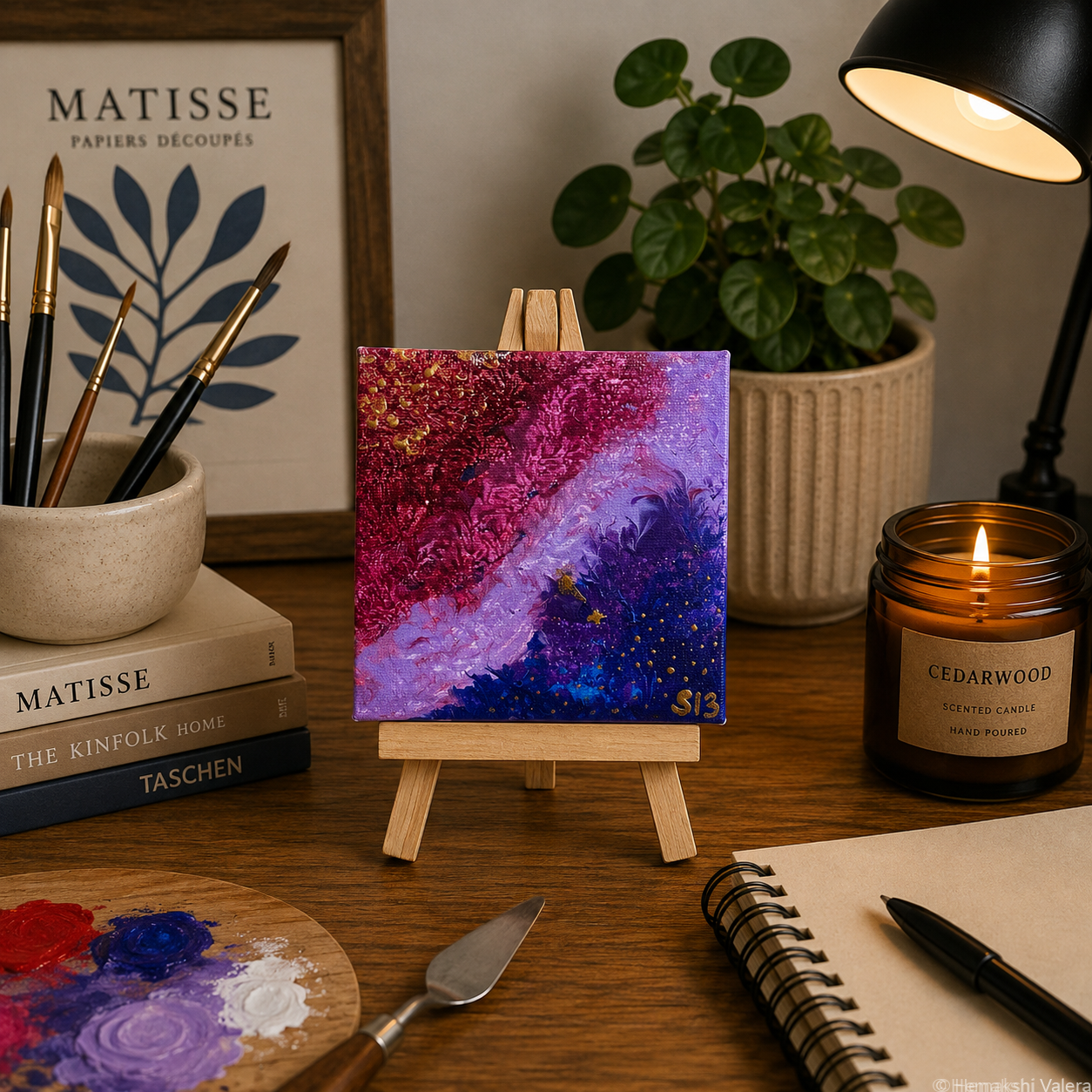 Ethereal, an original soft luminous mini soundwave canvas on a small wooden stand, displayed on a desk