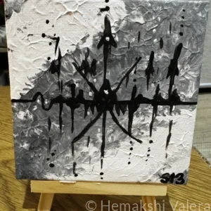 Small square abstract acrylic painting with fragmented textures and tones capturing the space between sound and silence, by Australian artist Hemakshi Valera