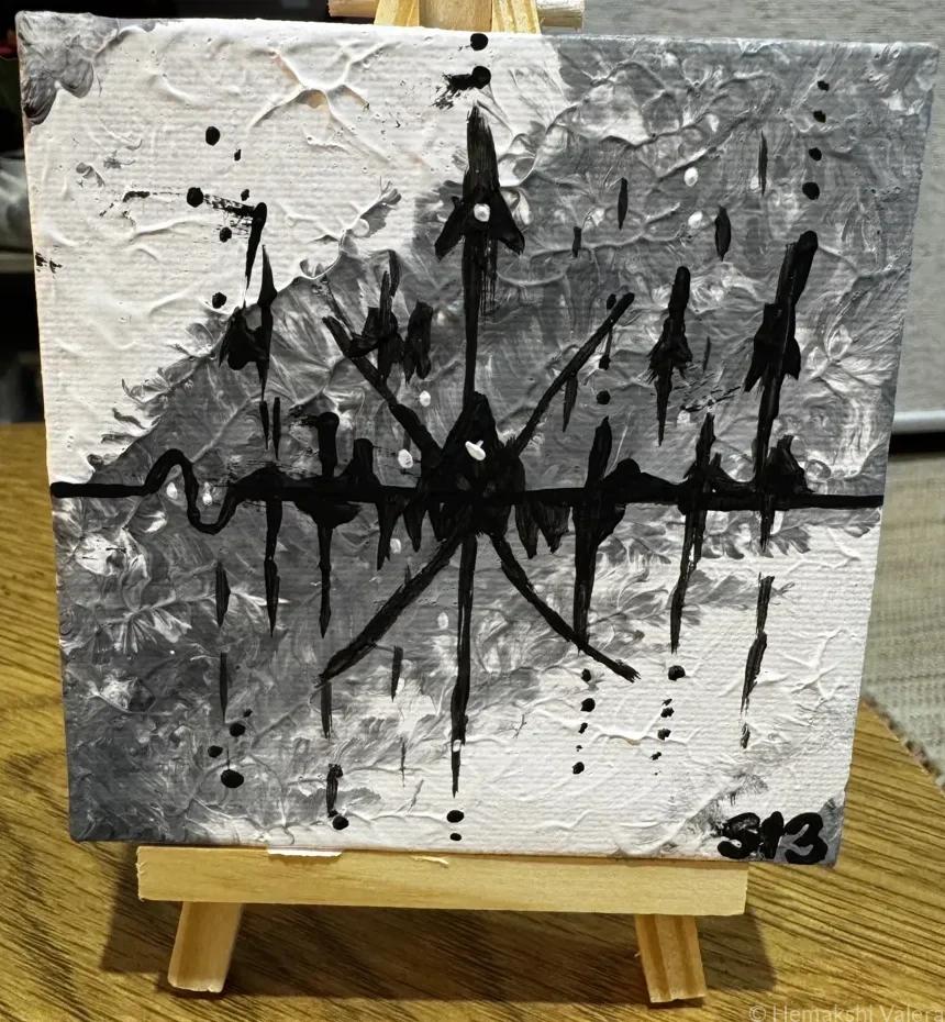Small square abstract acrylic painting with fragmented textures and tones capturing the space between sound and silence, by Australian artist Hemakshi Valera