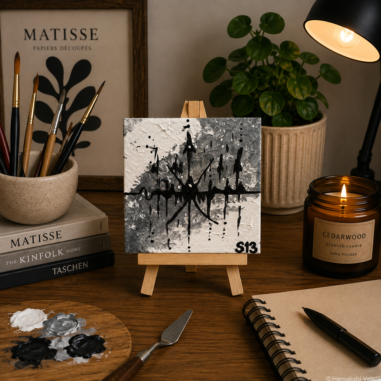 Fragments of Noise, an original textured mini soundwave canvas on a small wooden stand, displayed on a desk