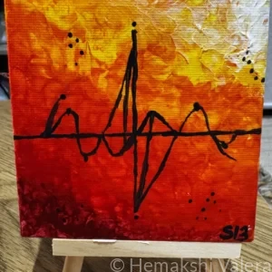 Small square abstract acrylic painting in warm golden tones capturing the underlying hum and static beneath music, by Australian artist Hemakshi Valera