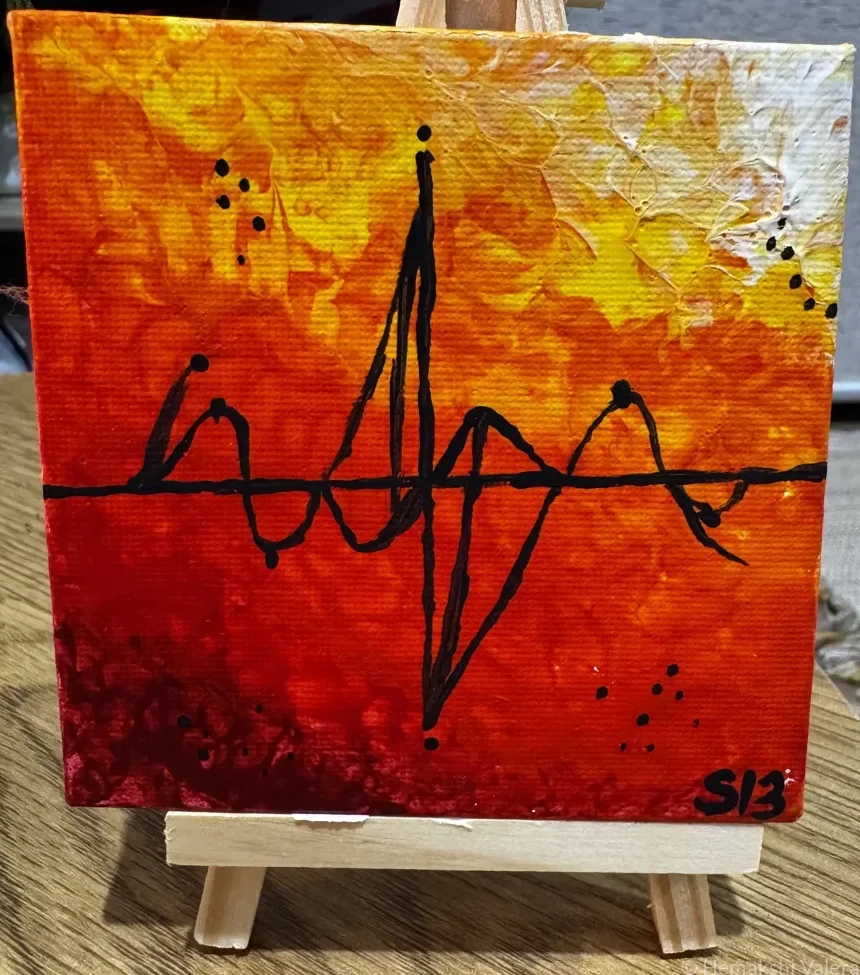 Small square abstract acrylic painting in warm golden tones capturing the underlying hum and static beneath music, by Australian artist Hemakshi Valera