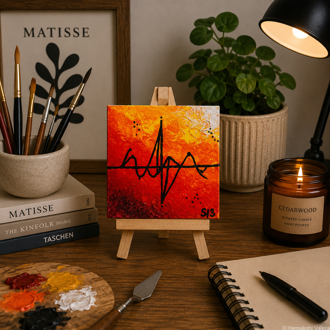Golden Static, an original gold mini soundwave canvas on a small wooden stand, displayed on a styled shelf