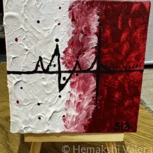 Small square abstract acrylic painting in deep crimson red capturing the physical pulse of music felt in the body, by Australian artist Hemakshi Valera