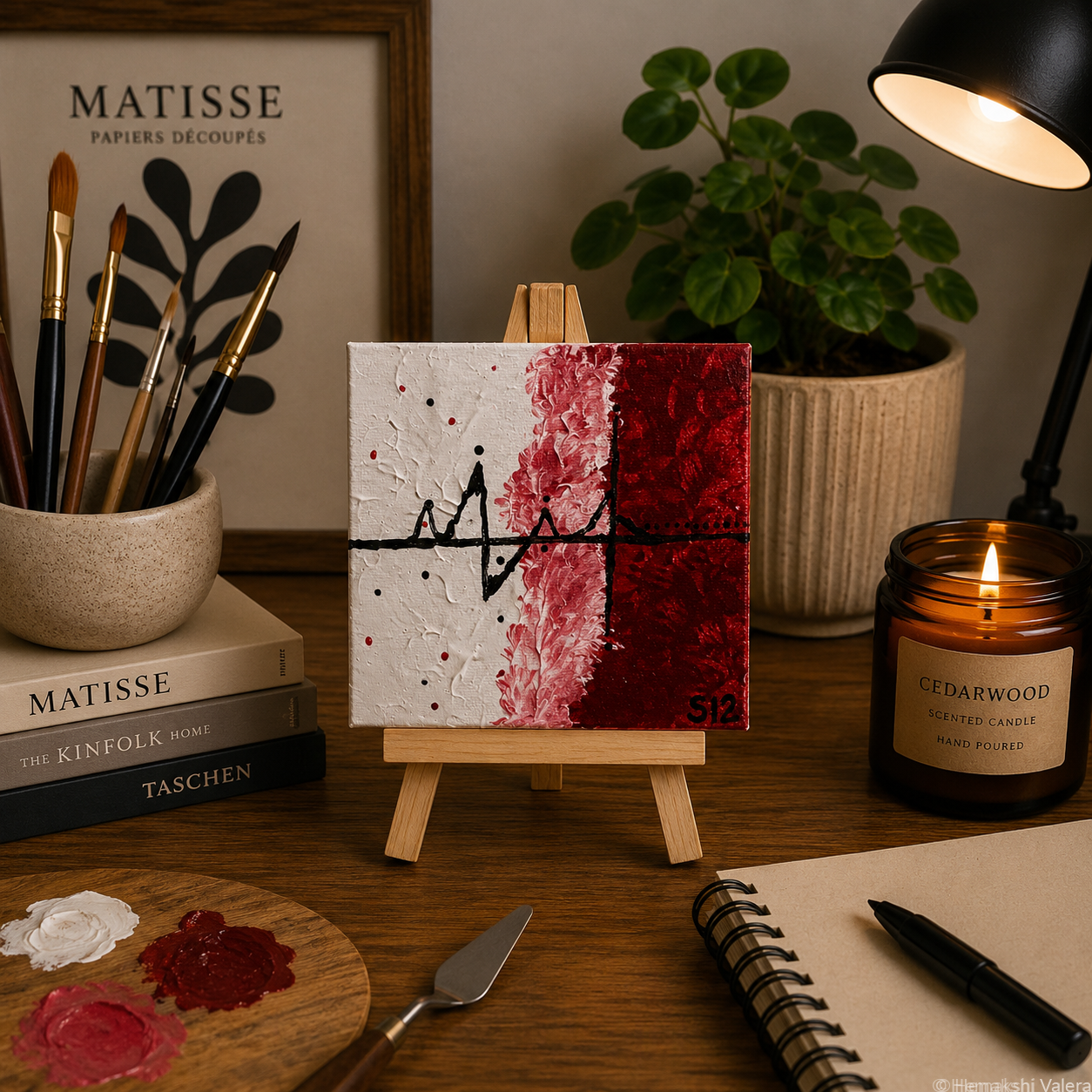 Heartbeat in Crimson, an original deep red mini soundwave canvas on a small wooden stand, displayed on a shelf