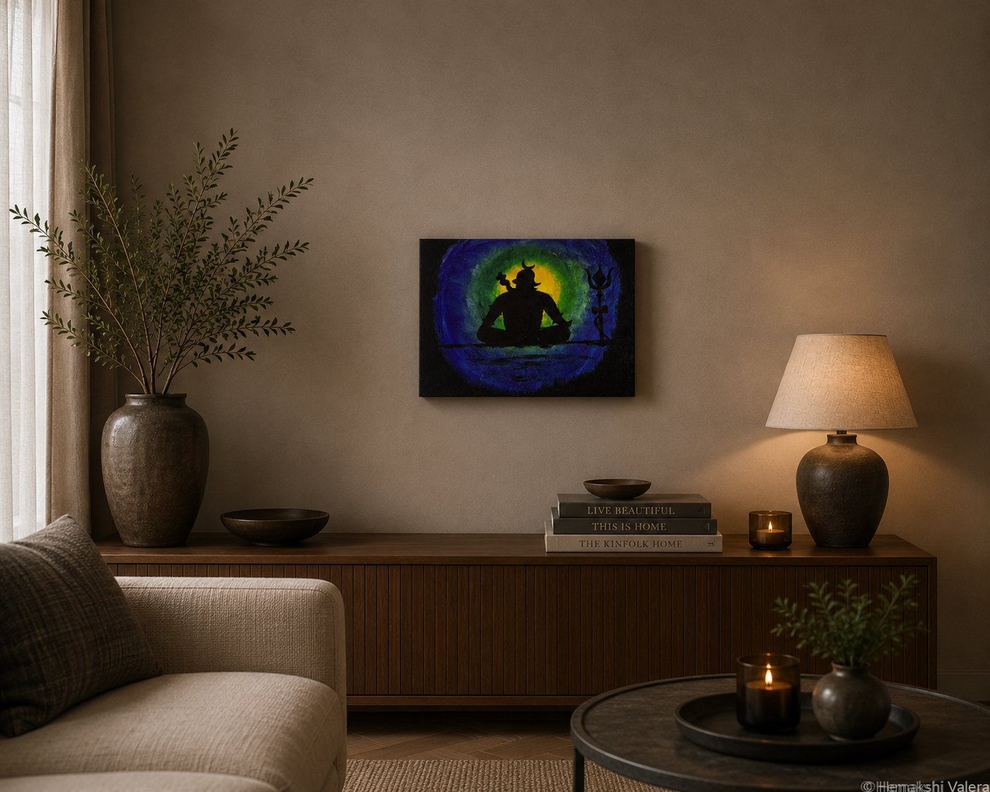 Inner Stillness, an original meditative acrylic painting, hanging in a calm minimal room