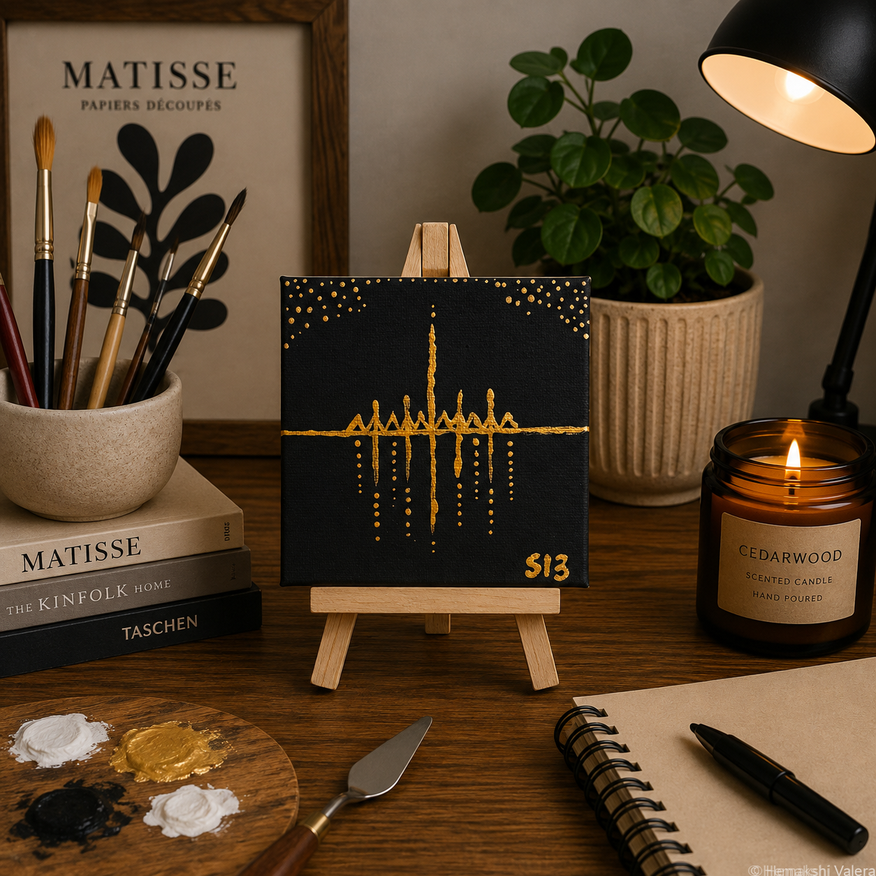 Midnight Frequency, an original gold on black mini soundwave canvas on a small wooden stand
