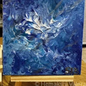 Small square abstract acrylic painting in deep cool tones capturing the calm and release that follows musical intensity, by Australian artist Hemakshi Valera