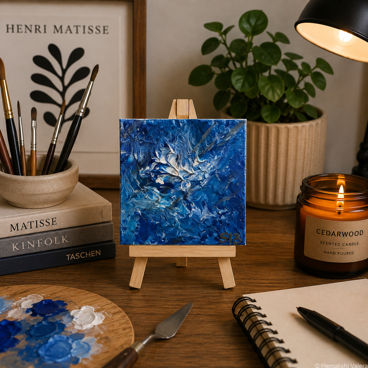 Ocean of Calm, an original cool blue mini soundwave canvas on a small wooden stand, displayed on a shelf