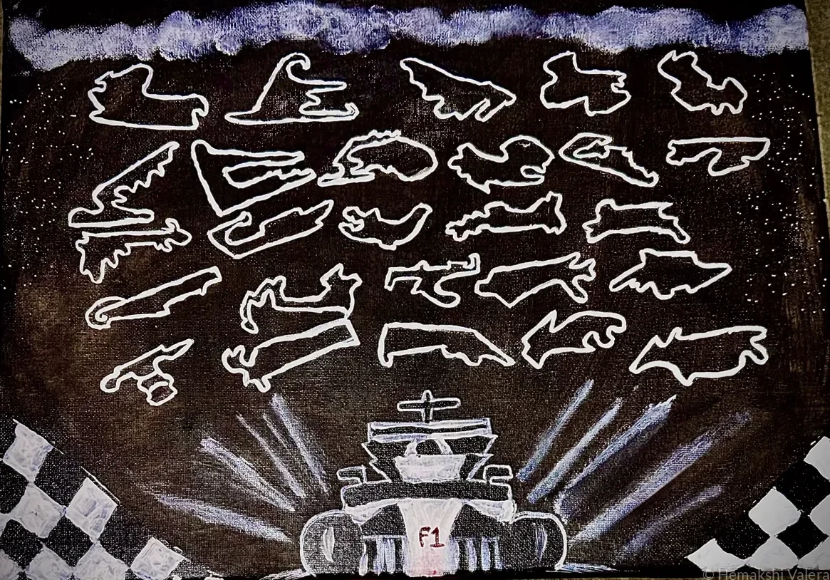 Racing Around the World Formula One original acrylic painting by Hemakshi Valera