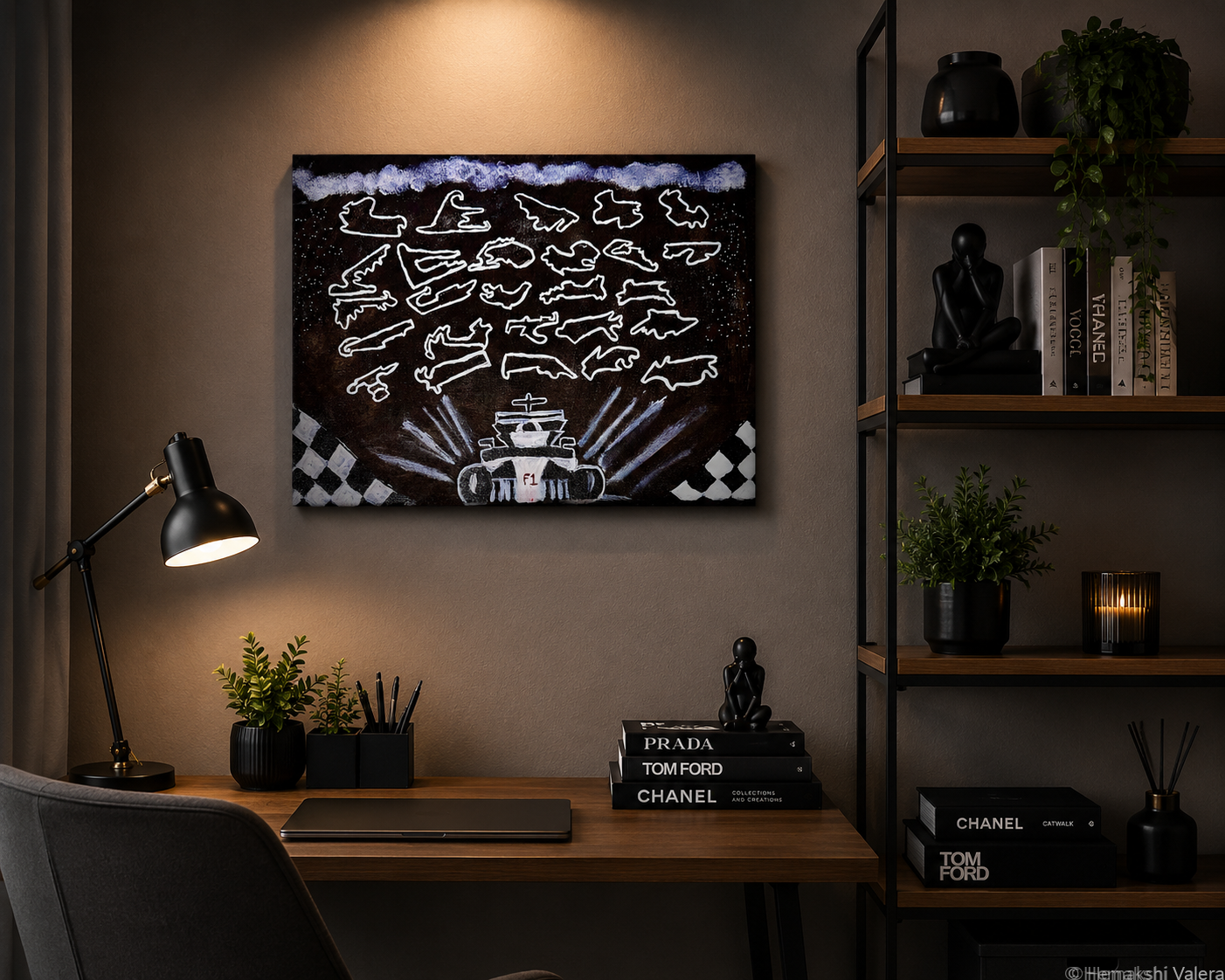 Racing Around the World, an original Formula One tribute painting, hanging as a statement piece in a living room