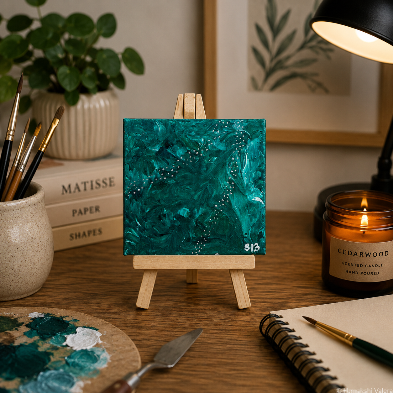 Resonance, an original mini soundwave canvas on a small wooden stand, displayed on a shelf