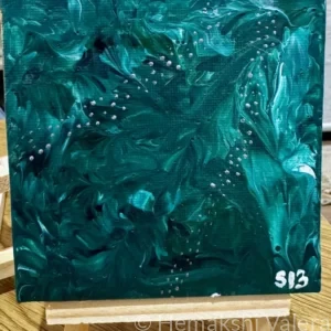 Small square abstract acrylic painting with vibrating colour tones capturing the lingering resonance of music that settles into the body, by Australian artist Hemakshi Valera