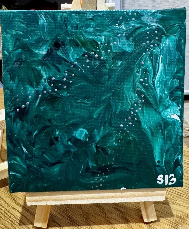 Small square abstract acrylic painting with vibrating colour tones capturing the lingering resonance of music that settles into the body, by Australian artist Hemakshi Valera