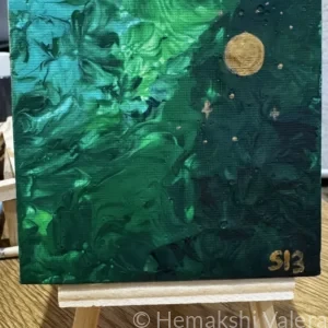 Small square abstract acrylic painting in warm comforting tones capturing the feeling of music as shelter and emotional solace, by Australian artist Hemakshi Valera
