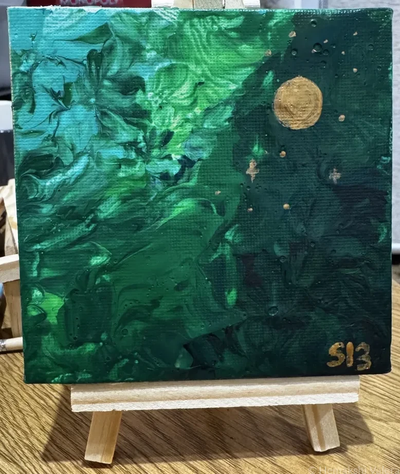 Small square abstract acrylic painting in warm comforting tones capturing the feeling of music as shelter and emotional solace, by Australian artist Hemakshi Valera