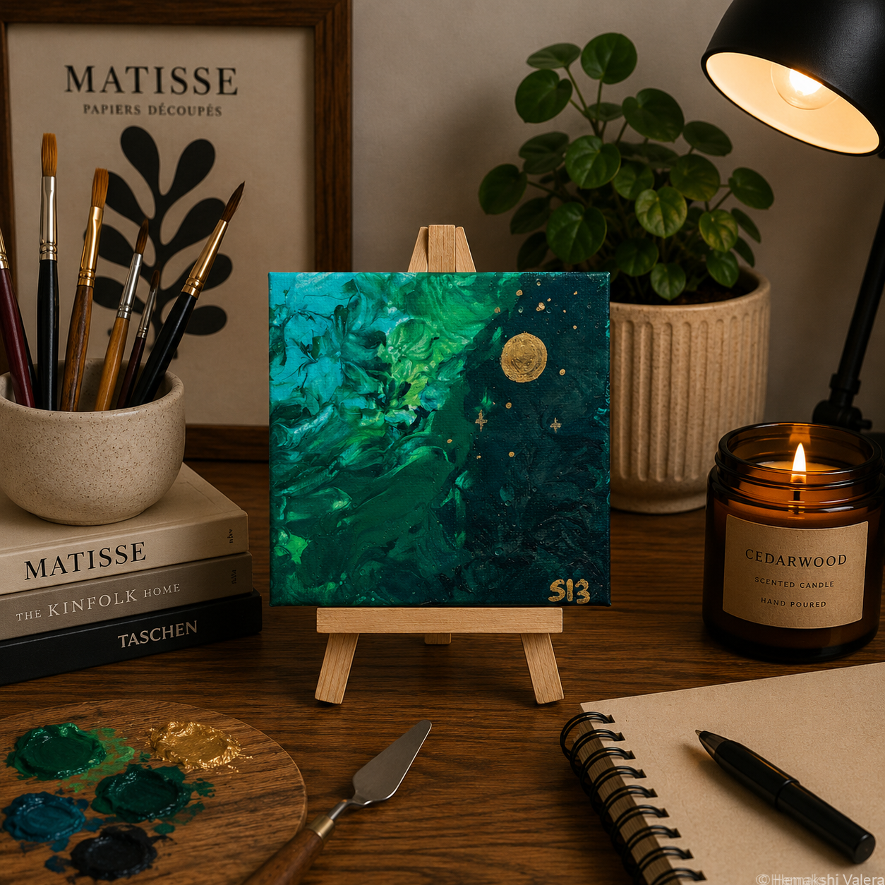 Solace, an original warm-toned mini soundwave canvas on a small wooden stand, displayed on a bedside table