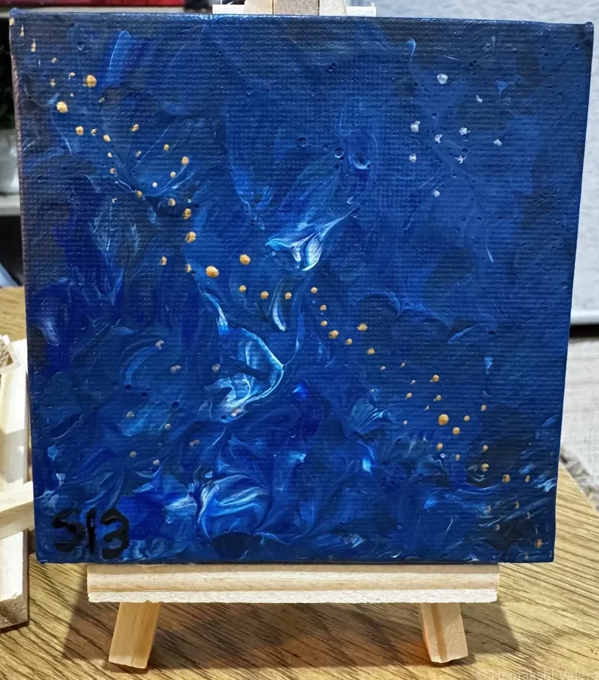 Small square abstract acrylic painting in soft dark tones with lit inner warmth capturing the feeling of late night music and whispered emotion, by Australian artist Hemakshi Valera