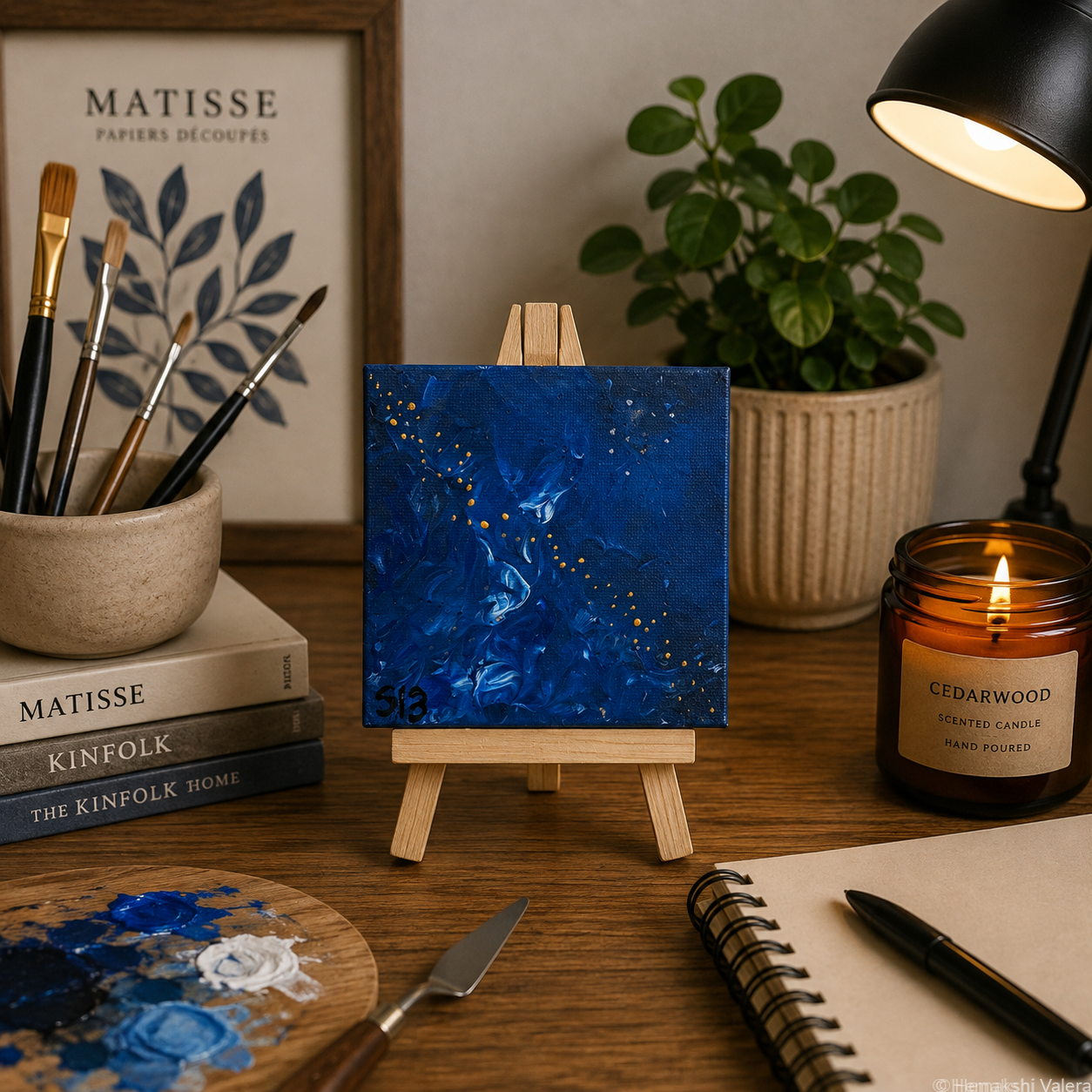 Starlit Whispers, an original dark-toned mini soundwave canvas on a small wooden stand, displayed on a bedside table