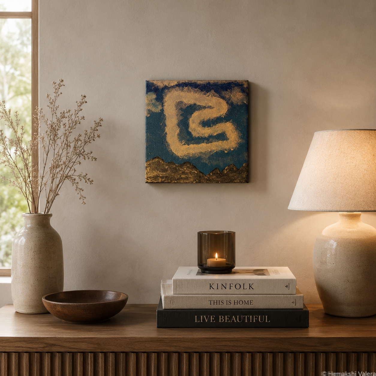Styrian Sunrise, an original gold and blue F1 circuit painting of the Red Bull Ring, hanging in a bright living room