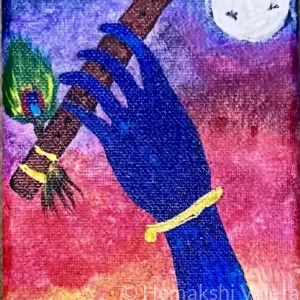 Acrylic painting of a divine blue hand with gold bracelet holding a flute and peacock feather against a vivid pink, red and purple sky with a white full moon, by Australian artist Hemakshi Valera