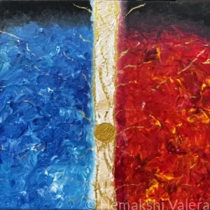 Abstract acrylic painting with deep blue on the left and fiery red on the right separated by a vertical white and gold stripe with a gold circle, by Australian artist Hemakshi Valera