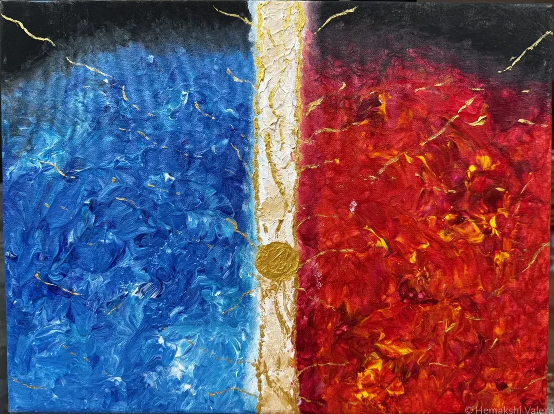 Abstract acrylic painting with deep blue on the left and fiery red on the right separated by a vertical white and gold stripe with a gold circle, by Australian artist Hemakshi Valera