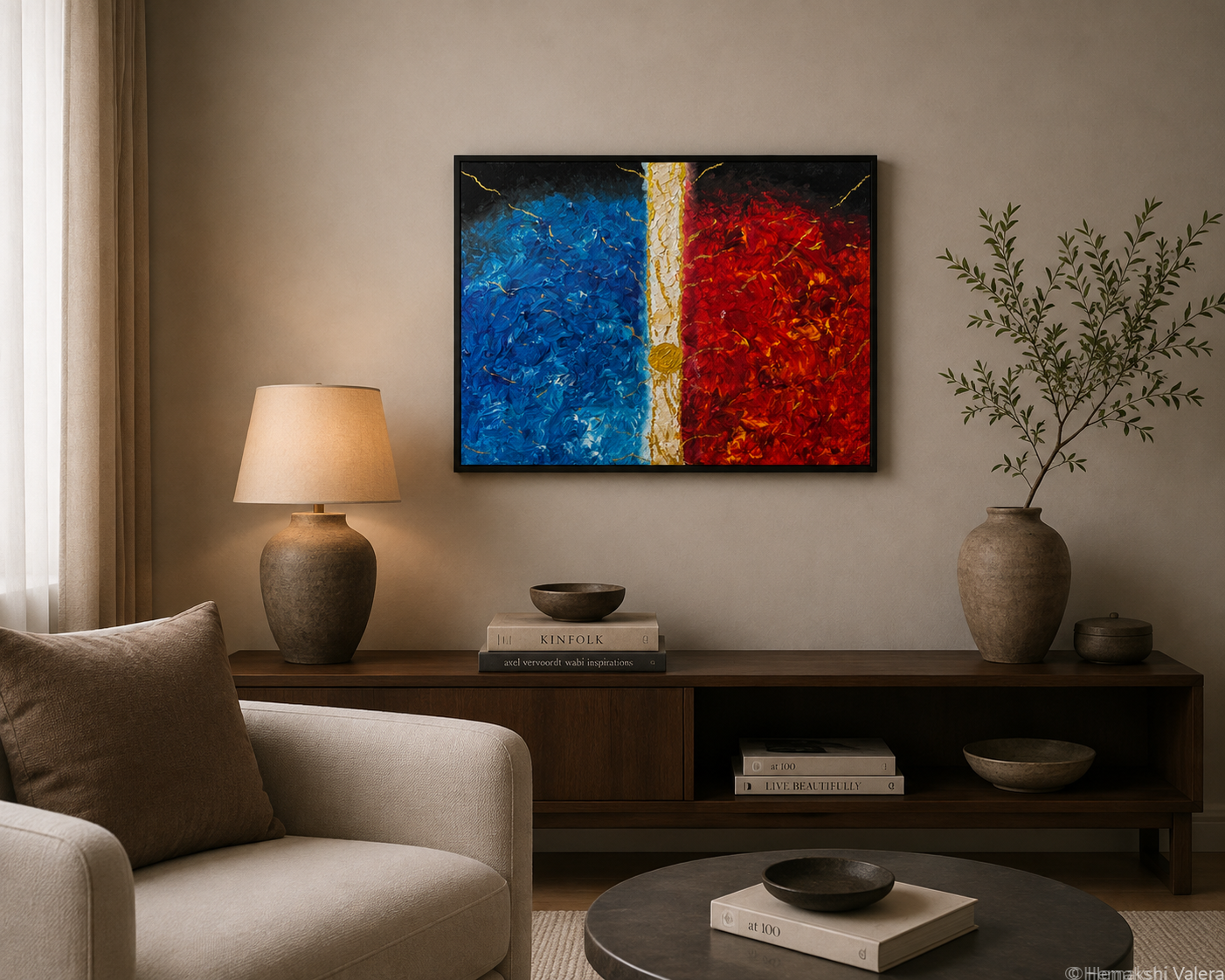 The Space Between, an original blue and red abstract painting with a gold threshold, hanging on a neutral gallery wall