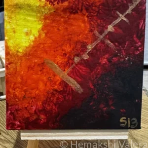 Small square abstract acrylic painting with tense suspended colour tones capturing the moment just before a musical threshold or drop, by Australian artist Hemakshi Valera