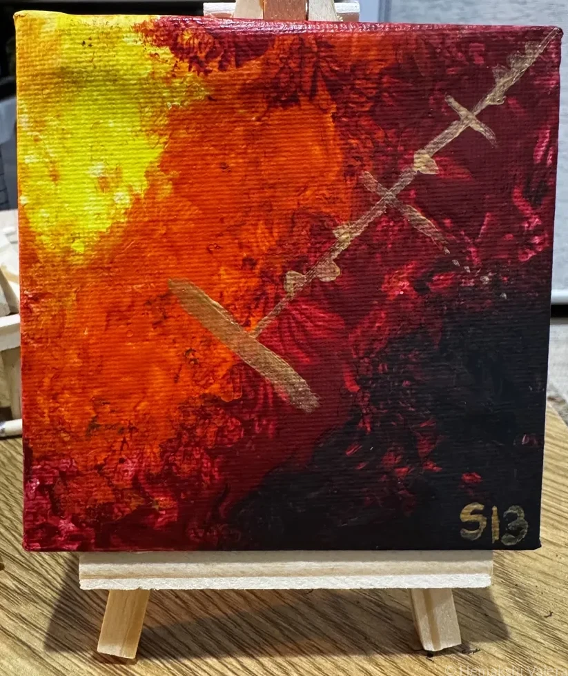 Small square abstract acrylic painting with tense suspended colour tones capturing the moment just before a musical threshold or drop, by Australian artist Hemakshi Valera