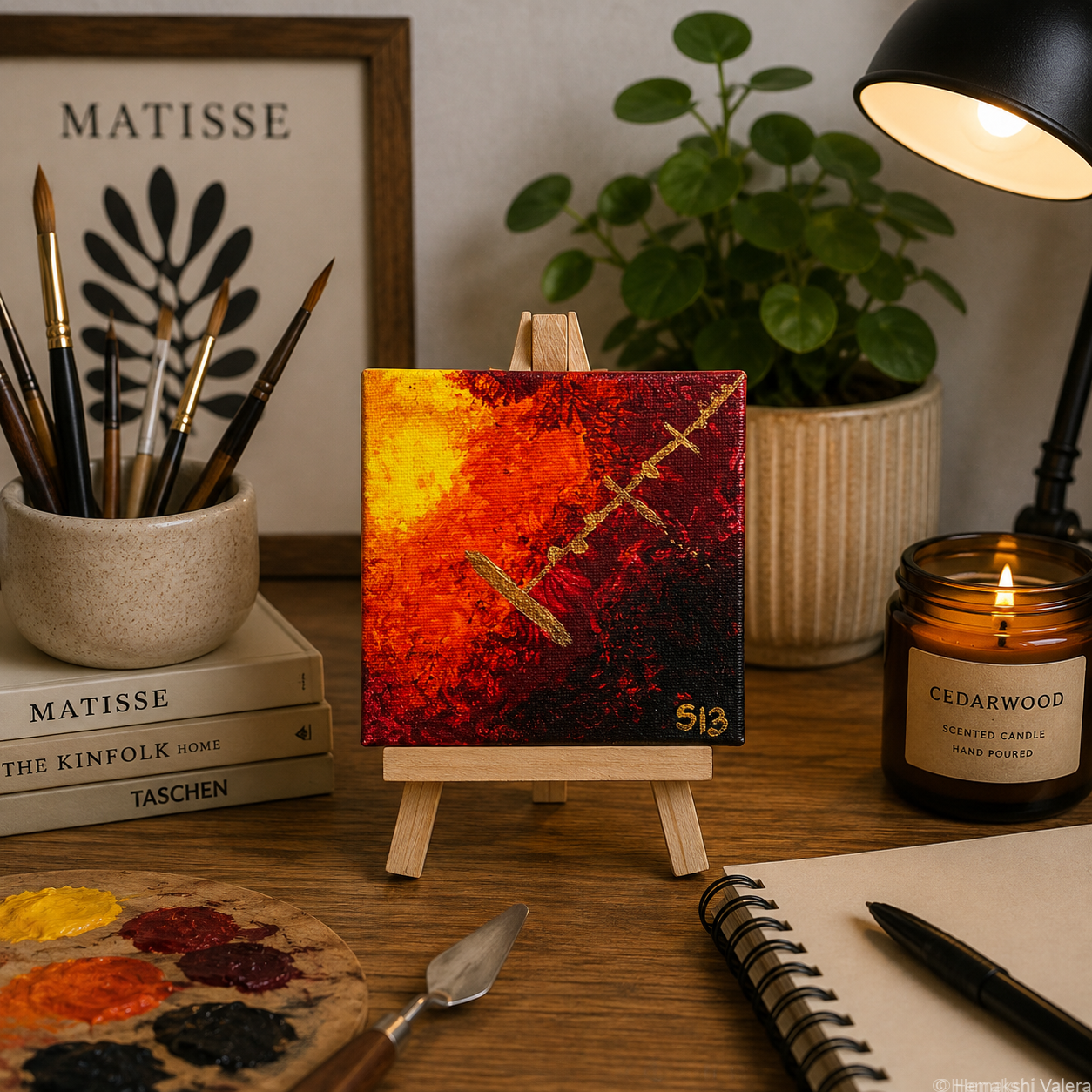Threshold, an original mini soundwave canvas on a small wooden stand, displayed on a styled shelf