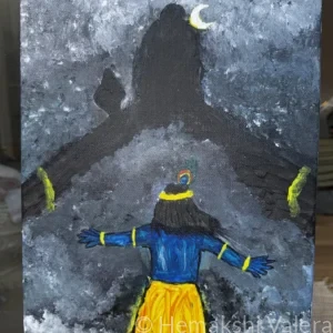 Devotional acrylic painting showing a figure in blue and yellow with arms outstretched facing the large dark form of Lord Shiva against a stormy grey background with a crescent moon, by Australian artist Hemakshi Valera