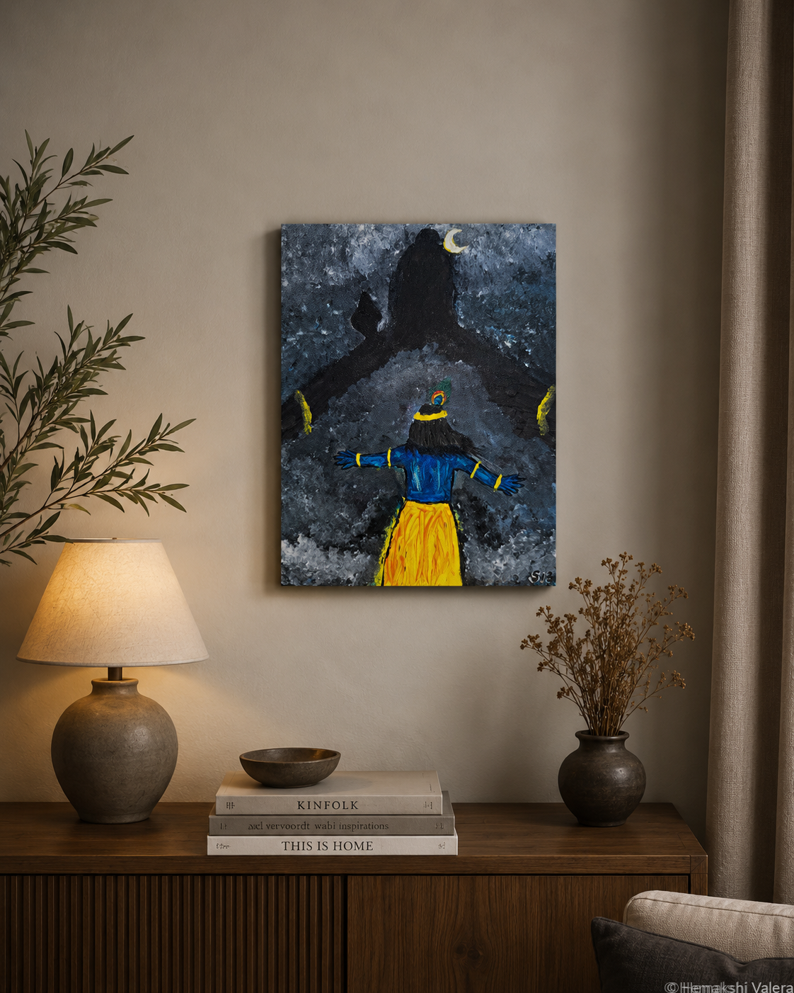 Towards the Divine, an original devotional painting of Krishna and Shiva, hanging in a quiet meditation space