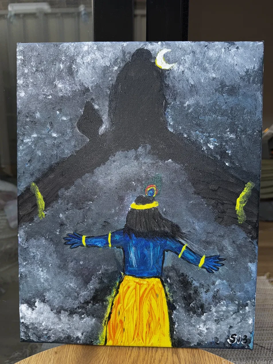 Devotional acrylic painting showing a figure in blue and yellow with arms outstretched facing the large dark form of Lord Shiva against a stormy grey background with a crescent moon, by Australian artist Hemakshi Valera