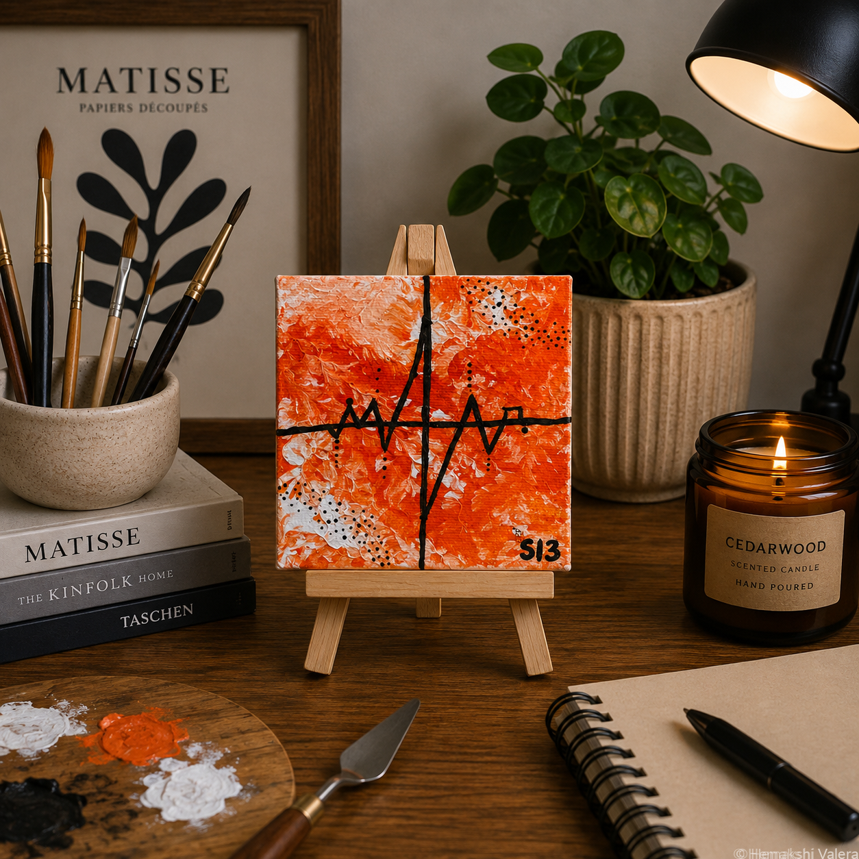 Unspoken Fire, an original fiery orange mini soundwave canvas on a small wooden stand, displayed on a desk