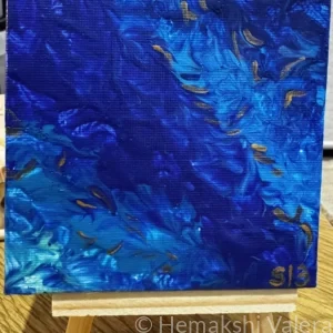 Small square abstract acrylic painting with moving wandering colour forms capturing the feeling of being transported somewhere by music, by Australian artist Hemakshi Valera