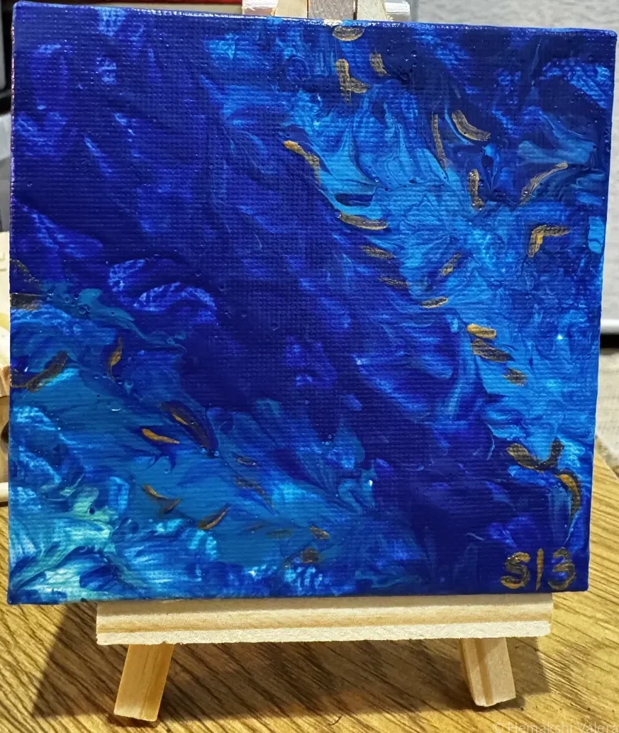 Small square abstract acrylic painting with moving wandering colour forms capturing the feeling of being transported somewhere by music, by Australian artist Hemakshi Valera