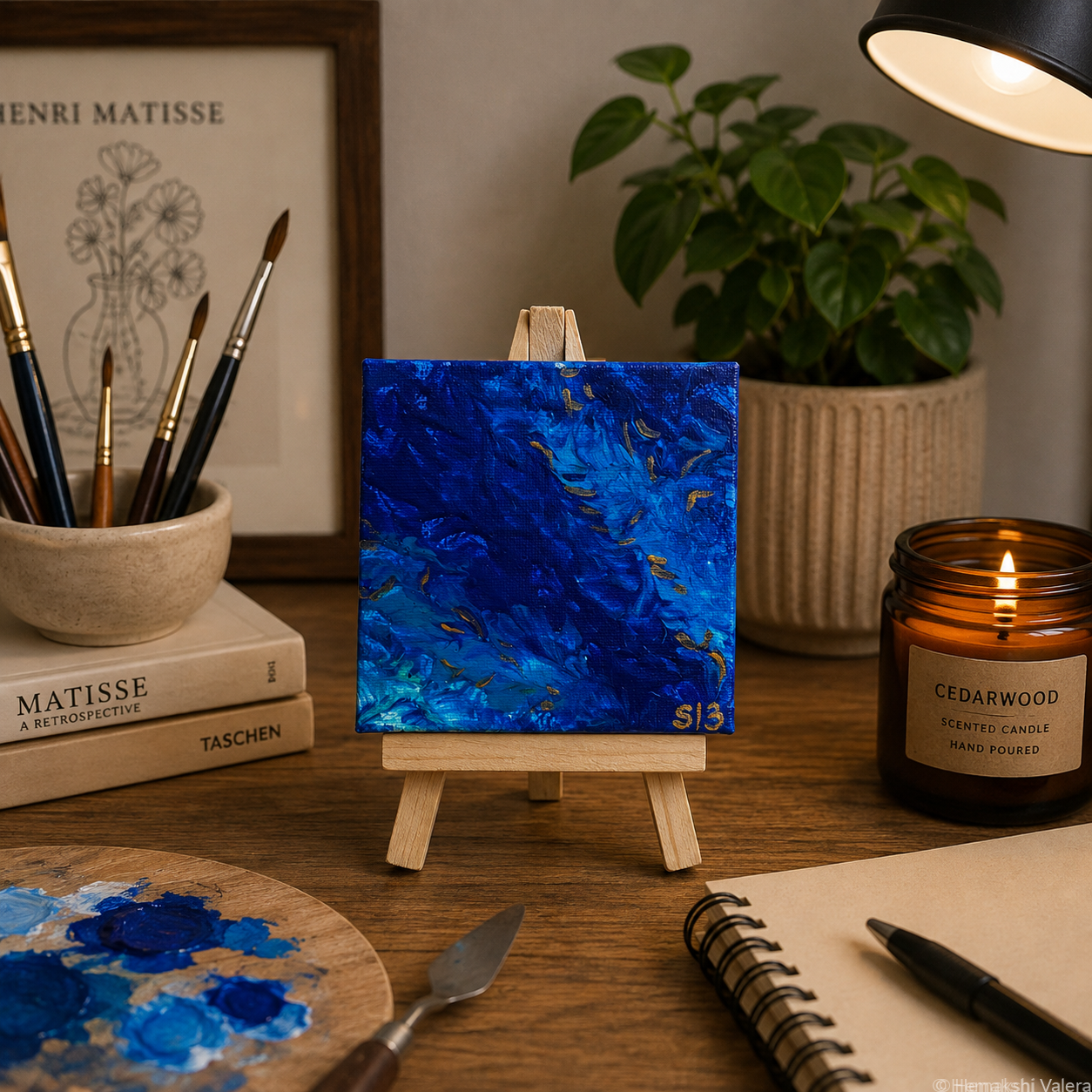 Wander, an original mini soundwave canvas on a small wooden stand, displayed on a bookshelf